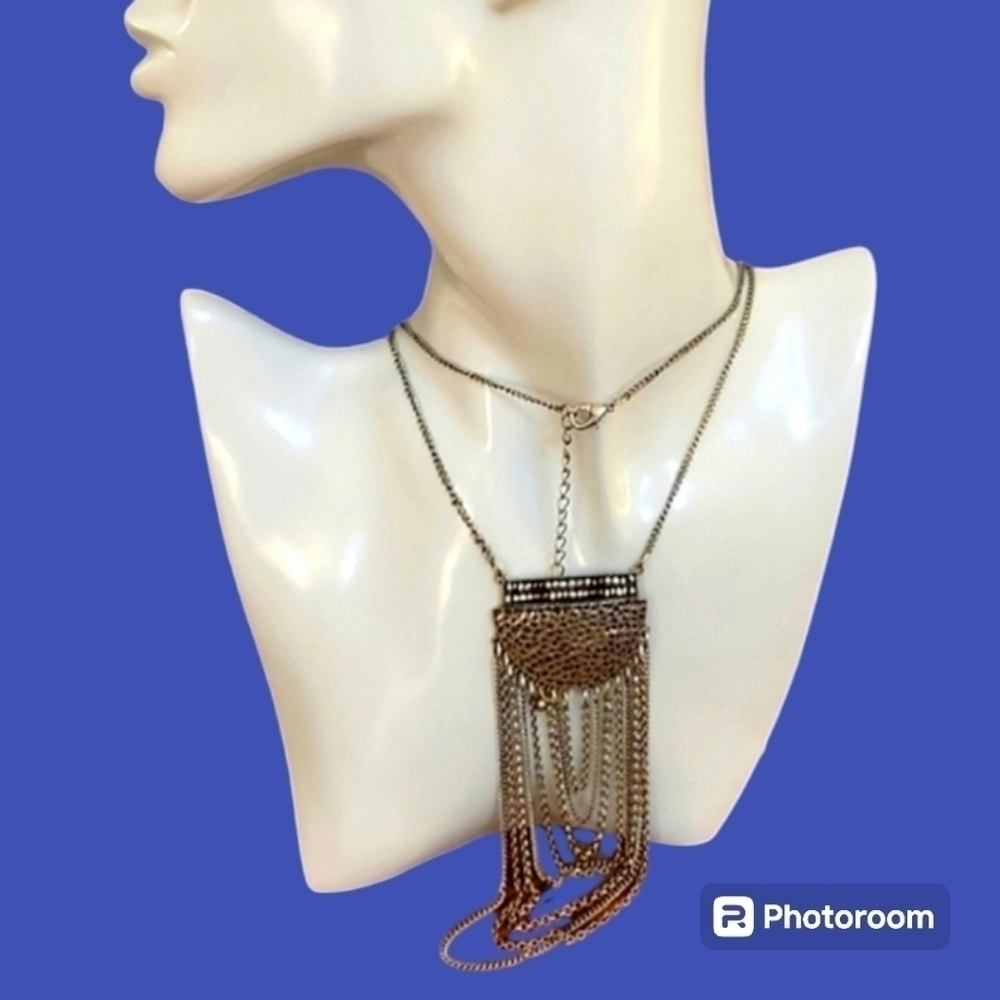 Industrial Hammered Metal Flapper Fringe Pendant Sweater Chain Necklace